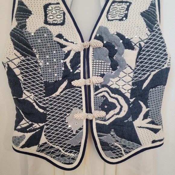 Cache Vintage Tapestry Vest Jumpsuit One Piece 80S Rhinestone Studded Mesh Panel - Picture 8 of 16